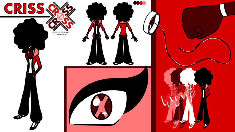 A character sheet for CRISS from CRISS CROSS HEART CONNECTION. The top right reads "CRISS" with the CCHC logo next to his name. It features key art of CRISS standing in a casual pose, hands in his pockets. Next to the logo are front and back references for CRISS, and below that is a reference for his eye. The right side of the page features his wrist wire, showing it on and off his wrist as well as showing off the wire itself. Finally, at the bottom, is a panel showing off his auto-dodge abilities.

The color palette on this image is red.