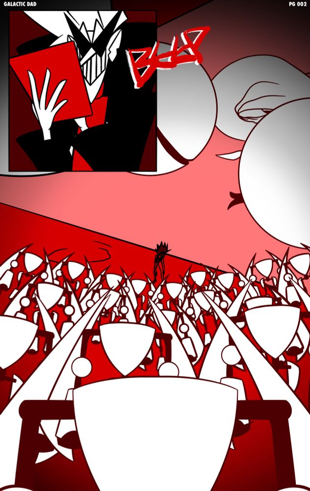 The second page of CROSS CHAPTER 21. It features DOC pressing a button on a tablet, dozens upon dozens of PAWN readying to attack CROSS, the broken PUMP behind her.