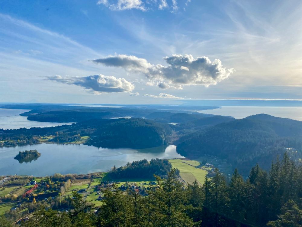 Puffy clouds and blue sky over the San Juan Islands 