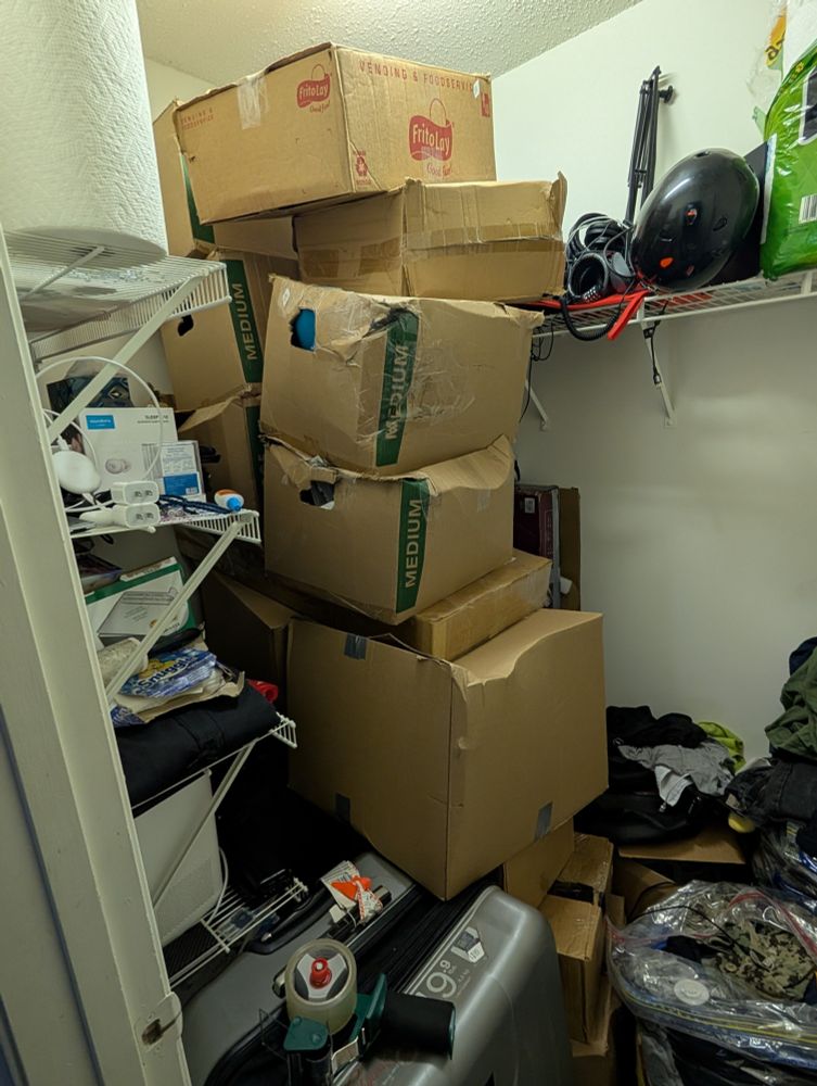 My closet with the rest of the items I moved out of storage.