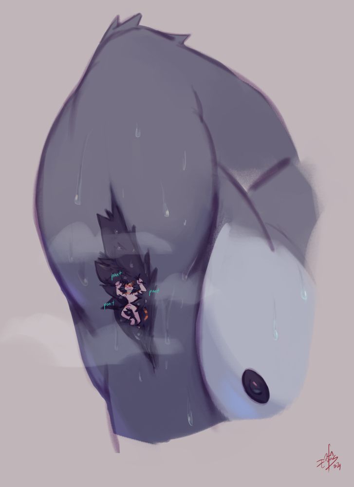 a micro Erofas is clinging onto Sig's sweaty pit hair while panting heavily, Sig's arm is raised with fog and sweat eminating from the damp fur #erofasart