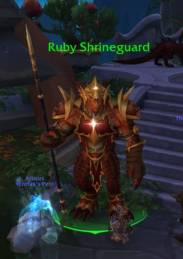 screenshot of the "ruby shrineguard", which is a towering dragonkin, my vulpera char only reaching up to his ankle