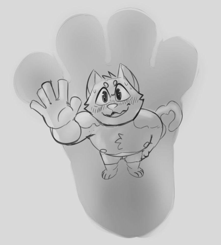 A cat blushing while waving upwards, a shadow cast by a giant paw hangs over him.