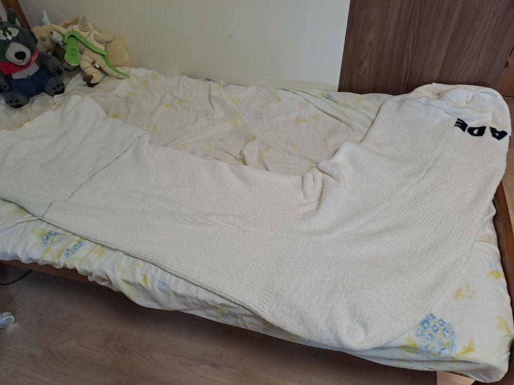 a giant white sock laid over a bed, it can be used as a sleeping bag and is surprisingly comfy btw