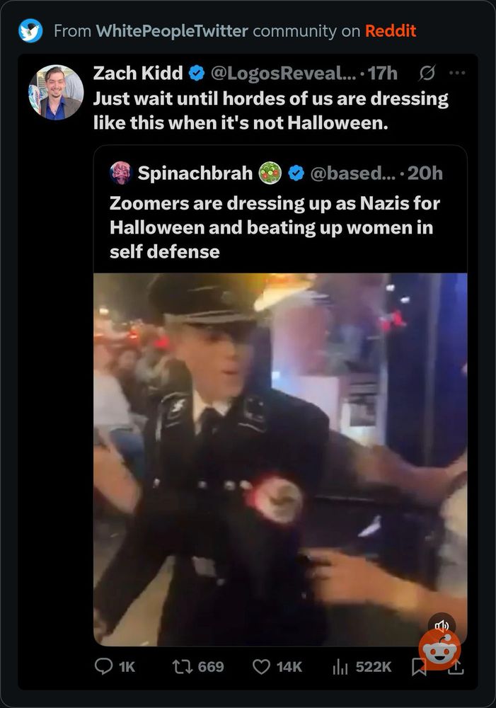 An account retweeted another tweet. The original tweet says: 

“Zoomers are dressing up as Nazis for Halloween and beating up women in self defense” with an image of a man dressed in a Nazi officer uniform. 

The person who retweeted the OP says: 

“Just wait until hordes of us are dressing like this when it’s not Halloween”