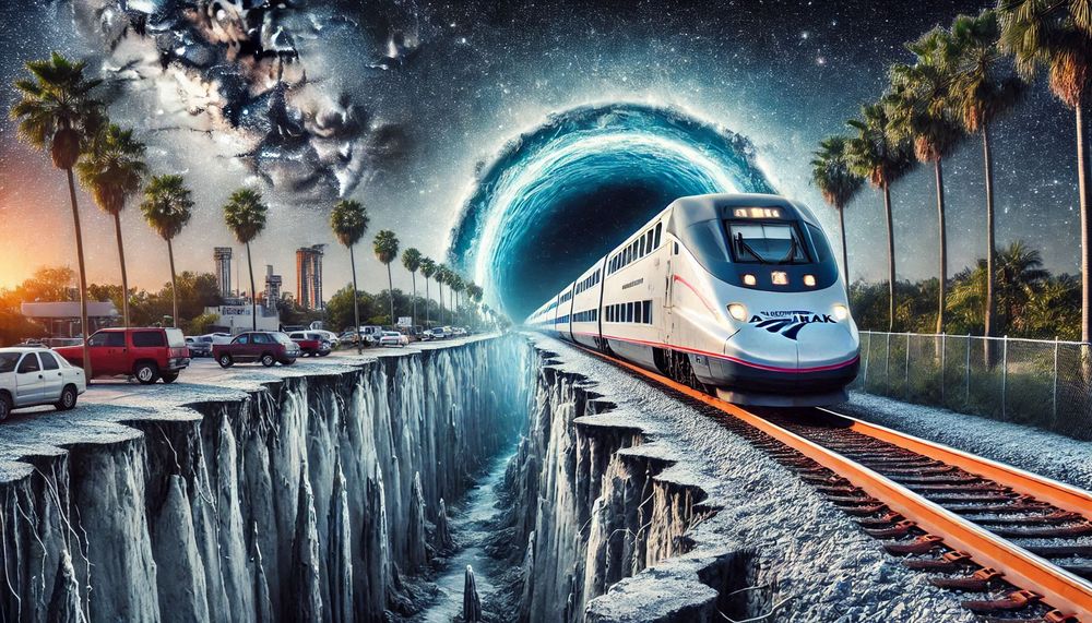 An AI generated image of Amtrak's Auto-Train crossing a rift in space to arrive in Florida.