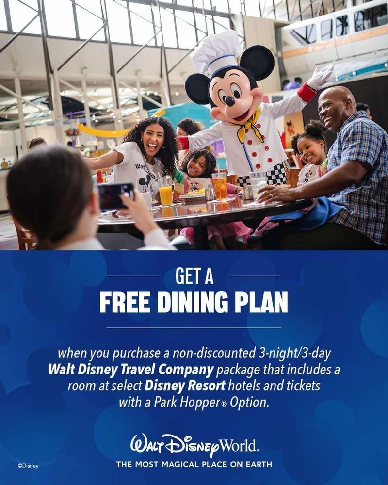 Walt Disney World is offering a Dining Plan promotion. Stay at least 3 nights at select Disney Resort hotels and get the dining plan for free! Specific details in replies.