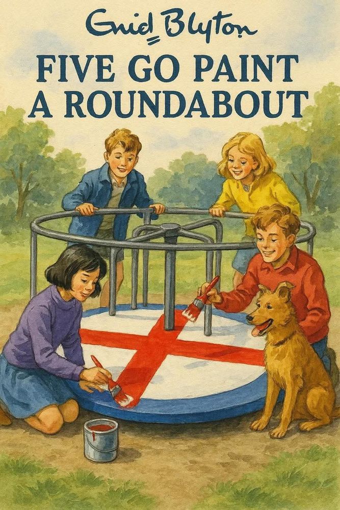Spoof Enid Blyton book cover of children painting an English flag on a playground roundabout.