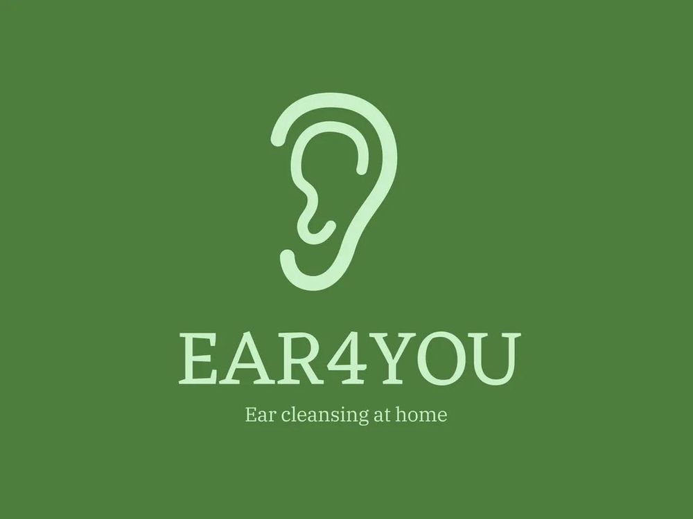 A white graphic symbol of an ear on a green background. Te text trads: EAR4YOU, Ear cleaning at home.