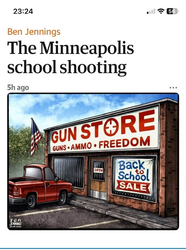 A cartoon of a truck driving into a gun store with an American flag and a sign saying 