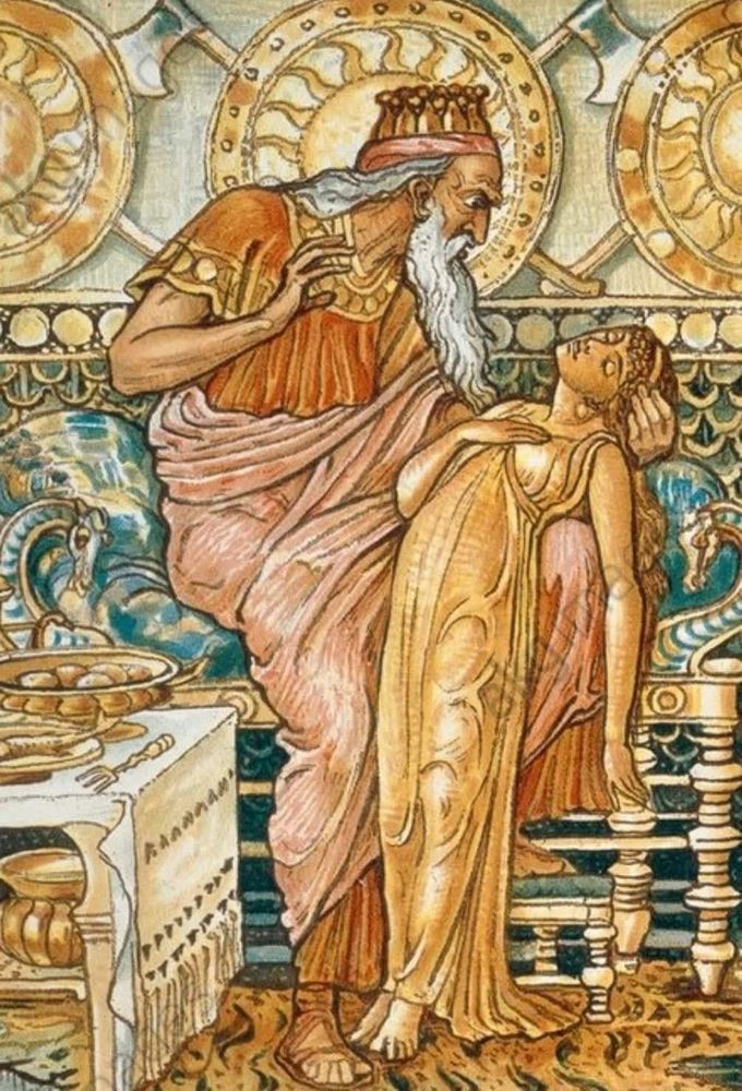 Illustration by Walter Crane, 1845-1915, of King Midas, from the Greek myth about a penalty for avarice. Rich King Midas was granted a wish by the god Dionysus, and asked that everything he touched should turn to gold. His wish was granted. The picture shows the King with his daughter, now solid gold, surrounded by gold items.