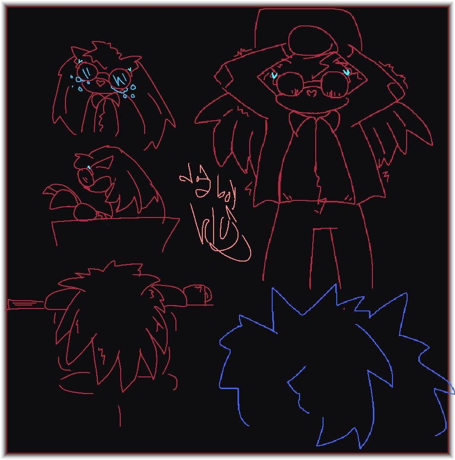 id: four drawings of amy rose. in eacch drawing, her quills are long and unkempt, and she's wearing a jacket with sewn-on elbow pads and a button-up shirt underneath.

the first drawing has her, shoulders slouched, crying in an exaggerated manner. the second has her looking at a stack of papers, gripping them tight and apparently worried or scared. the third drawing has her hunched over a table, upset, a cracked mug of coffee to one side of her and a small stack of papers to the other. the final drawing shows her, enraged and shaking, holding her hammer above her head, apparently about to hit a figure that remselbes sonic. end id