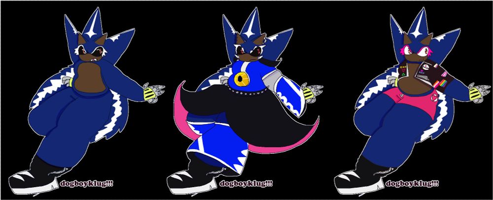id: a reference sheet of a semi-organic neo metal sonic. she has long, slightly scruffy deep blue quills with white streaks in them, and is wearing short platform boots with white soles. the first drawing in the reference sheet shows her without clothes, the second shows her wearing an outfit inspired by her neo metal sonic outfit, and the third shows an entirely unique outfit consisting of a crop jacket with multiple patches, pins and stiches, and booty shorts, both of which have hearts on them. in the first drawing, neo's eyes are orange with black sclera, in the second her eyes are red, and in the third her eyes are a soft brown with white sclera. end id.