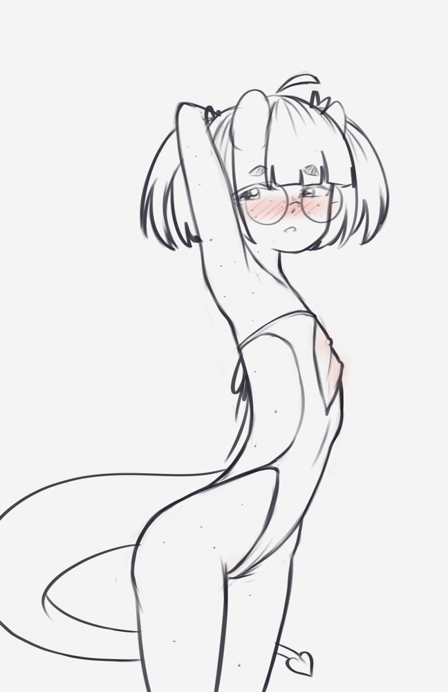 Sketch of a half-demon girl in a skimpy leotard that exposes her flat breasts while she looks at the viewer suggestively.