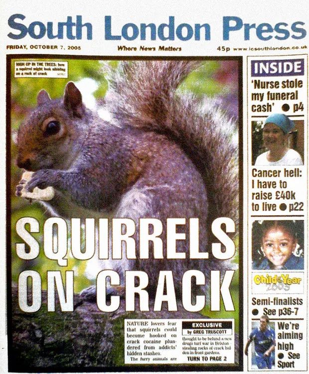 Front page of old South London Press: photo of a squirrel and the headline SQUIRRELS ON CRACK 