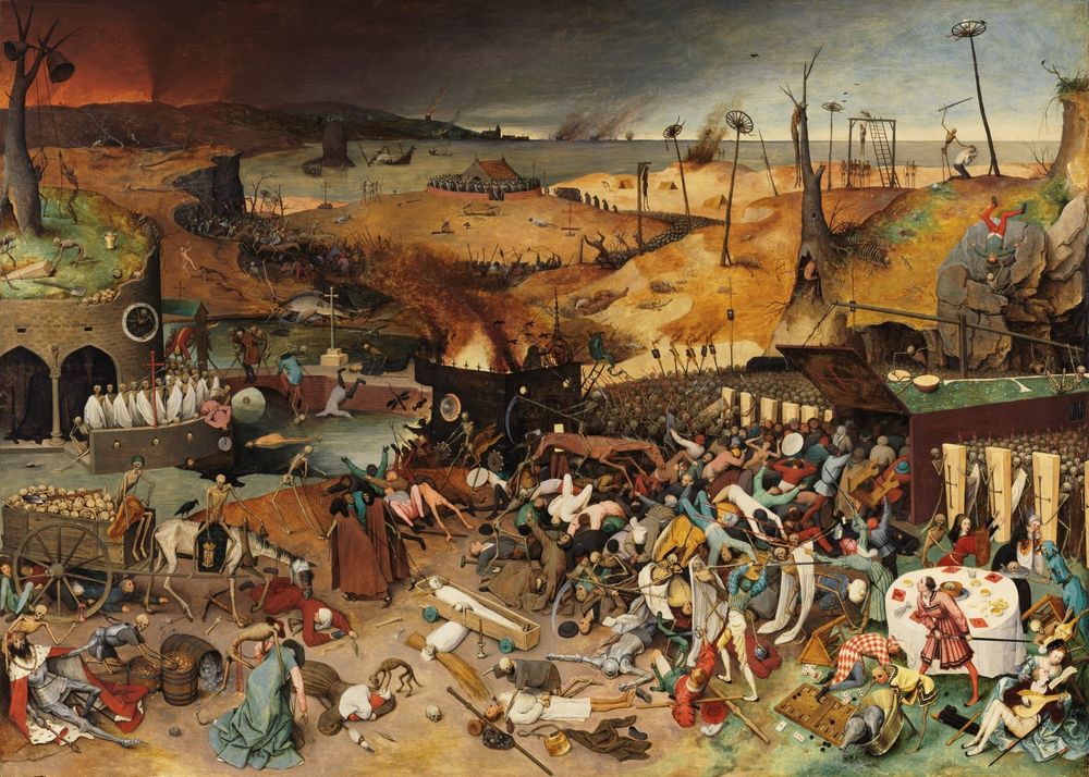 Pieter Breughel's The Triumph of Death: an army of skeletons ravages an apocalyptic landscape, putting people to death in a variety of ways