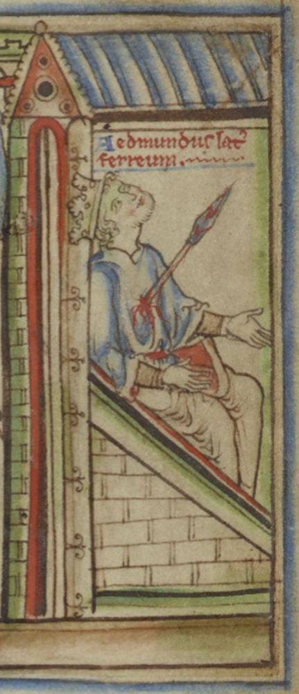 Illustration from 13th Century manuscript, Life of St Edward the Confessor, showing Edmund sitting down on what might be a privy, possibly with his breeches disarranged, and with what looks like a bloodied spear sticking out of his torso