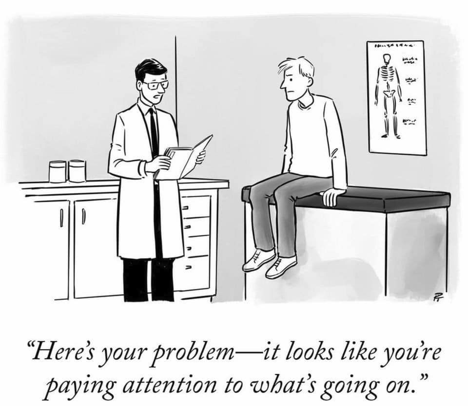 Cartoon by Pia Guerra for The New Yorker: a man sits on a bench/couch in a doctor's consulting room, looking concerned. A doctor stands nearby looking at a folder. The doctor says "Here's your problem. You're paying attention to what's going on"