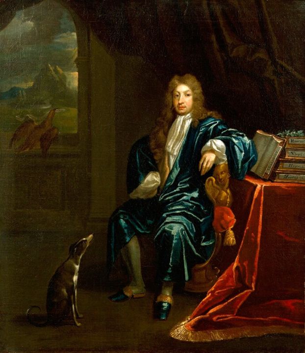 John Dryden by James Maubert, National Portrait Gallery – a man in turquoise robe and long wig sits with an elbow resting on a table draped with red cloth and piled with books. To his right, we can see a mountain range through a window. In front, a dog looks up at him.