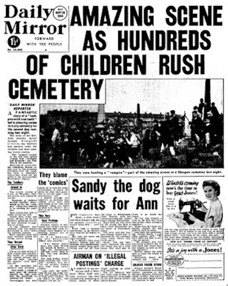 Daily Mirror front page shows grainy image of horde of children in a cemetery, and the headline “Amazing scene as hundreds of children rush cemetery”