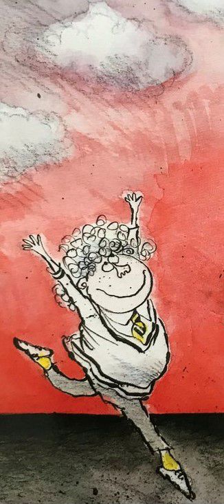 Ronald Searle illustration of Fortherington Thomas from Molesworth, a ridiculous, prancing curly haired schoolboy. He is wet and a weed and I diskard him uterly 