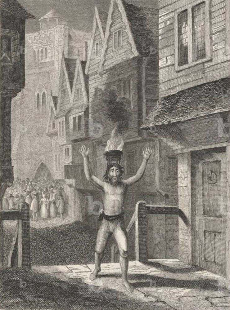Woodcut or etching of a man in a 17th century London street with a crowd behind him. He is half naked, bearded, has an intense expression on his face, and his arms aloft. Balanced on, or strapped to, his head is a brazier with flames and smoke leaping from it