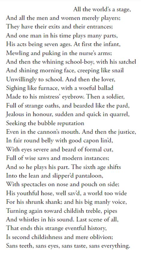 All the world’s a stage, And all the men and women merely players; They have their exits and their entrances; And one man in his time plays many parts, His acts being seven ages. At first the infant, Mewling and puking in the nurse’s arms; And then the whining school-boy... creeping like snail Unwillingly to school. And then the lover, Sighing like furnace, with a woeful ballad Made to his mistress’ eyebrow. Then a soldier, Full of strange oaths, and bearded like the pard, Jealous in honour, sudden and quick in quarrel, Seeking the bubble reputation Even in the cannon’s mouth. And then the justice, In fair round belly with good capon lin’d, With eyes severe and beard of formal cut, Full of wise saws and modern instances; And so he plays his part. The sixth age shifts Into the lean and slipper’d pantaloon, With spectacles on nose and pouch on side; ... Last scene of all, That ends this strange eventful history, Is second childishness and mere oblivion; Sans teeth, sans eyes, sans taste, sans everything.
