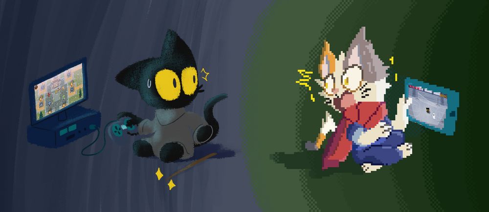 Both Google Doodles's Momo and Lucky playing video games featuring each other, staring at the other in absolute shock.