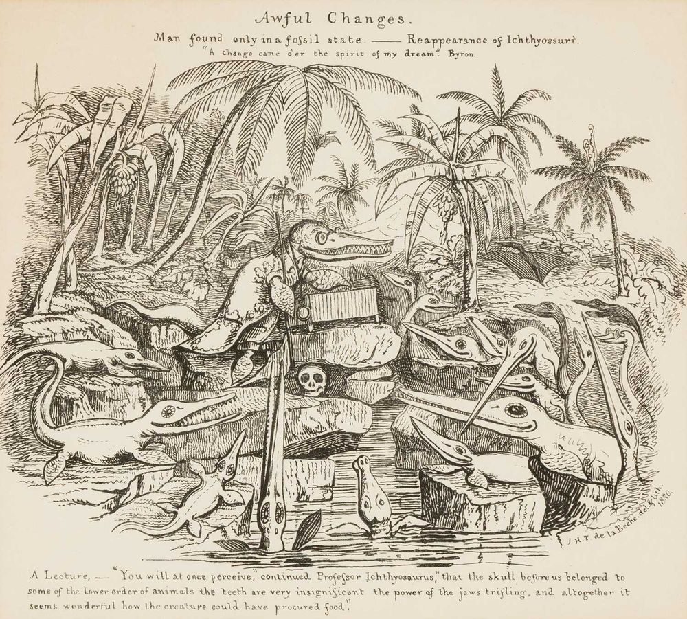 An 1830 lithographed cartoon showing an ichthyosaur as a professor in a setting of palm trees lecturing other ichthyosaurs, plesiosaurs, pterosaurs and crocodiles on the inadequacies of the human skull.