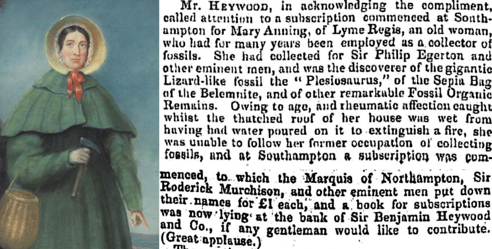 Portrait of Mary Anning wearing a green cloak and straw bonnet. Extract from a newspaper about a subscription raised to help Mary Anning after a fire at her home. 