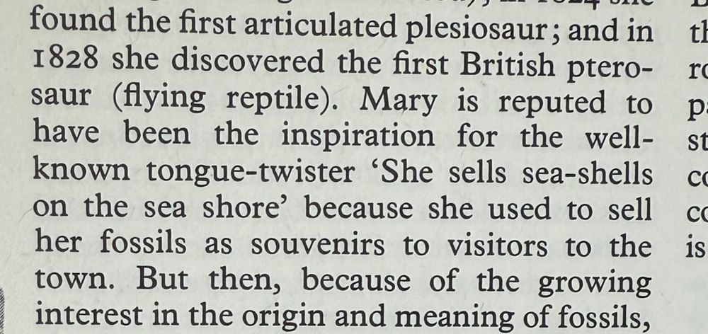 Extract from 'Before the Ark' by Alan Charig and Brenda Horsefield, 1975, the earliest reference found so far linking - erroneously - 'she sells sea shells' to Mary Anning.