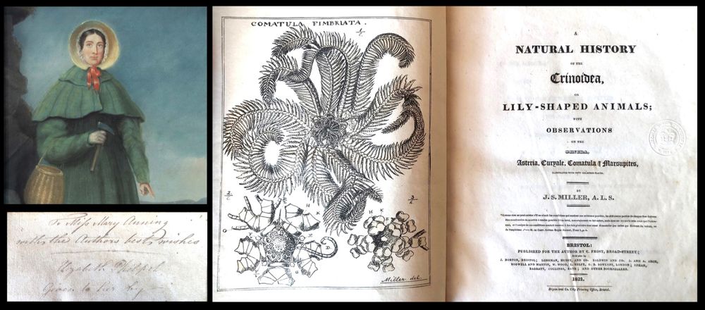 Top left: portrait of Mary Anning in a green cloak and straw bonnet, holding a hammer and with a basket over her arm; right: frontispiece and title page of Mary Anning's copy of Miller's monograph on fossil crinoids; bottom left: inscription which reads 'To Miss Mary Anning with the Authors best wishes' beneath which is the signature of Elizabeth Philpot to whom the book was given after Mary's death in 1847.
