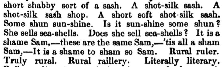 Extract from 'Letters and sounds' with what seems to be the first publication of 'She sells sea-shells'.
