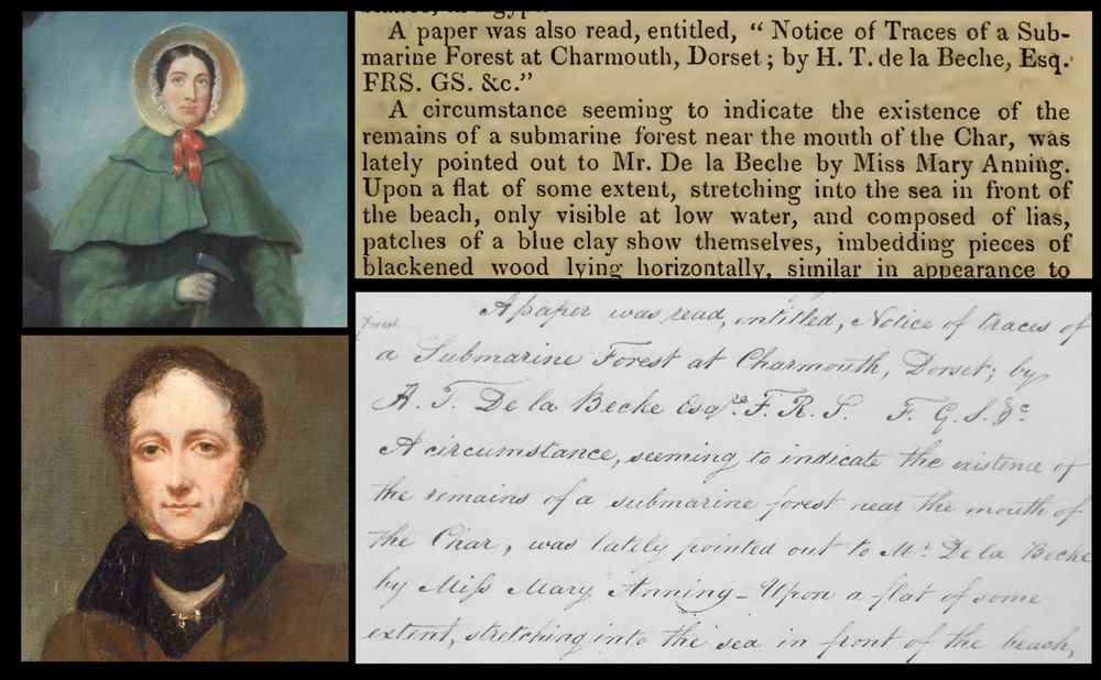 Top left, portrait of Mary Anning in her straw bonnet and green cloak; top right published report of the Geological Society meeting on 18 November 1826 'A paper was also read, entitled, "Notice of Traces of a Submarine Forest at Charmouth, Dorset; by H. T. de la Beche, Esq FRS. GS. &c." A circumstance seeming to indicate the existence of the remains of a submarine forest near the mouth of the Char, was lately pointed out to Mr. De la Beche by Miss Mary Anning.'; lower right, handwritten minutes of the meeting mentioning Mary Anning; lower left, portrait of Henry De la Beche as a young man with long sideburns and wearing a brown jacket with a black collar.