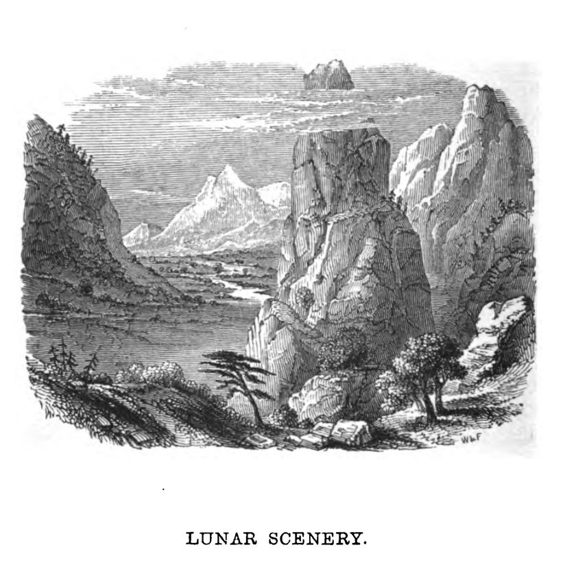 Illustration of 'Lunar Scenery' from Mary Roberts' 1837 book, showing a river valley cutting through jagged mountains with trees in the foreground.