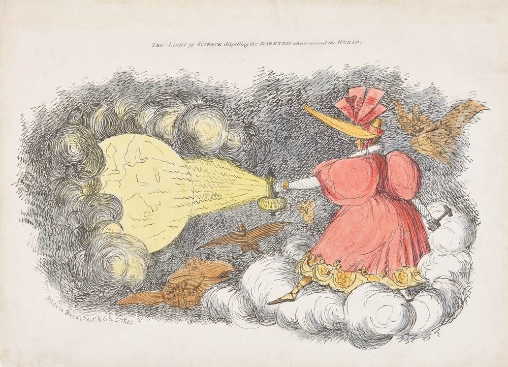 Coloured lithograph dated 1832 drawn by Henry de la Beche, titled 'The Light of Science dispelling the Darkness which covered the World', it shows a fashionable woman in a huge bonnet and dress with large sleeves holding a geological hammer and lighting the Earth with a gas lantern, dispersing the dark clouds and demons of ignorance surrounding the planet.
