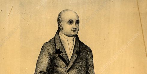 Portrait of the showman and entrepreneur William Bullock, round-faced, and balding, who had acquired the Anning ichthyosaur, then thought to be a crocodile, for his London natural history museum on Piccadilly. 