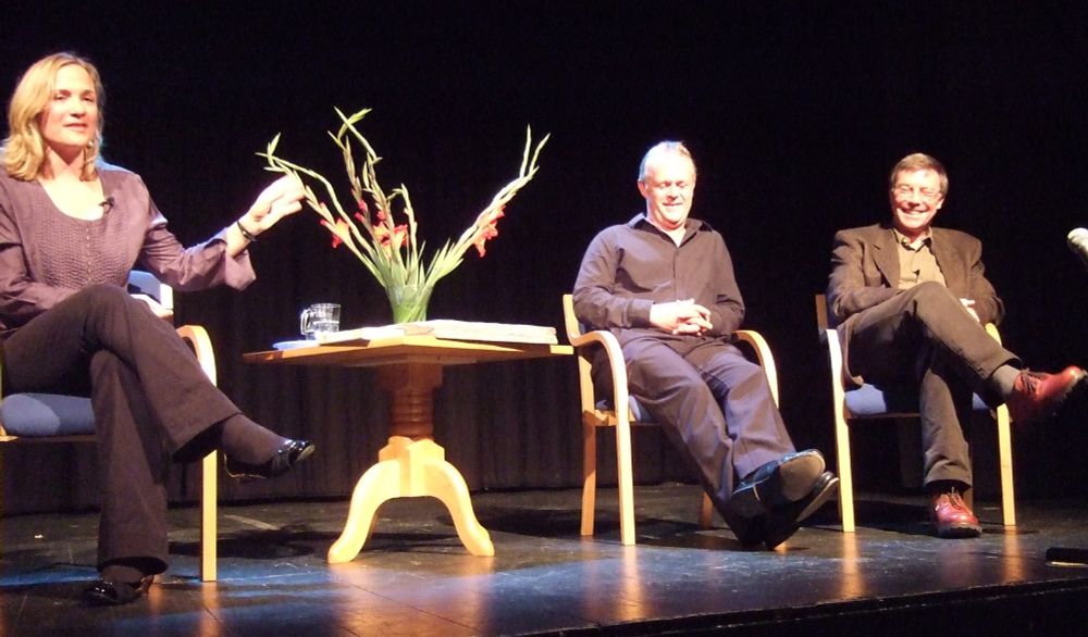 Tracy Chevalier, Paddy Howe and Tom Sharpe on stage at the Marine Theatre, Lyme Regis in October 2009. 