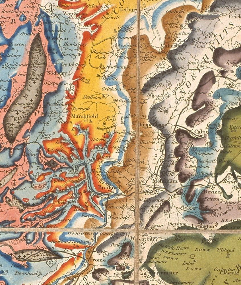 Part of William Smith's colourful 1815 geological map of England and Wales showing the geology around the city of Bath where Smith did some of his earliest mapping and established the principles of the use of fossils to determine the stratigraphic sequence. 