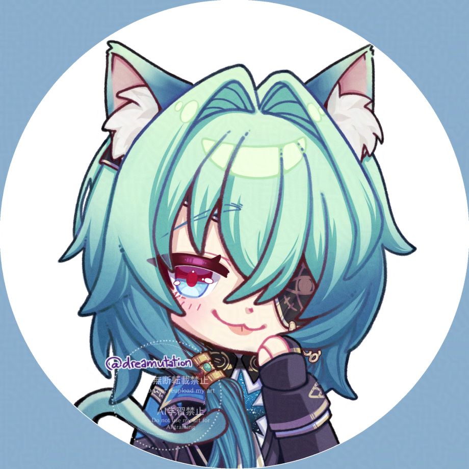 A chibi style illustration of Anaxagoras from Honkai: Star Rail. He is holding one hand up to his face with a mischievous expression and tongue sticking out in a nice lil blep. He has cat ears and tail in the same minty shades as his hair.