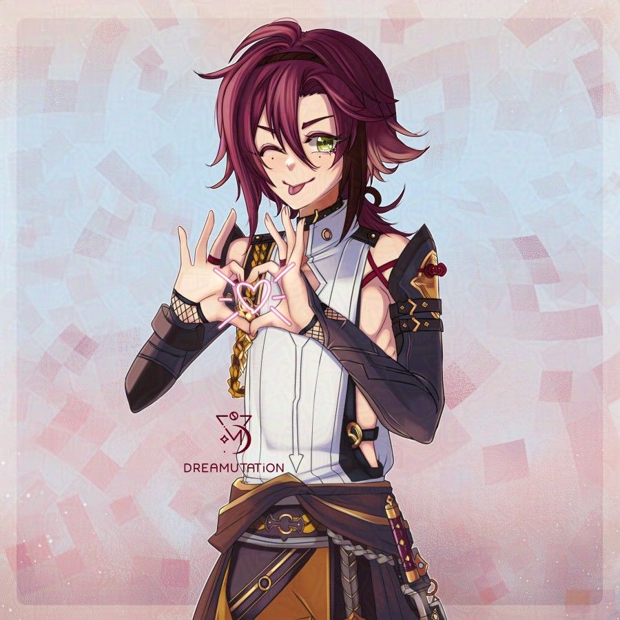 Shikanoin Heizou from Genshin Impact being cute and making a heart with his hands. He is winking, and has his tongue sticking out (blep).