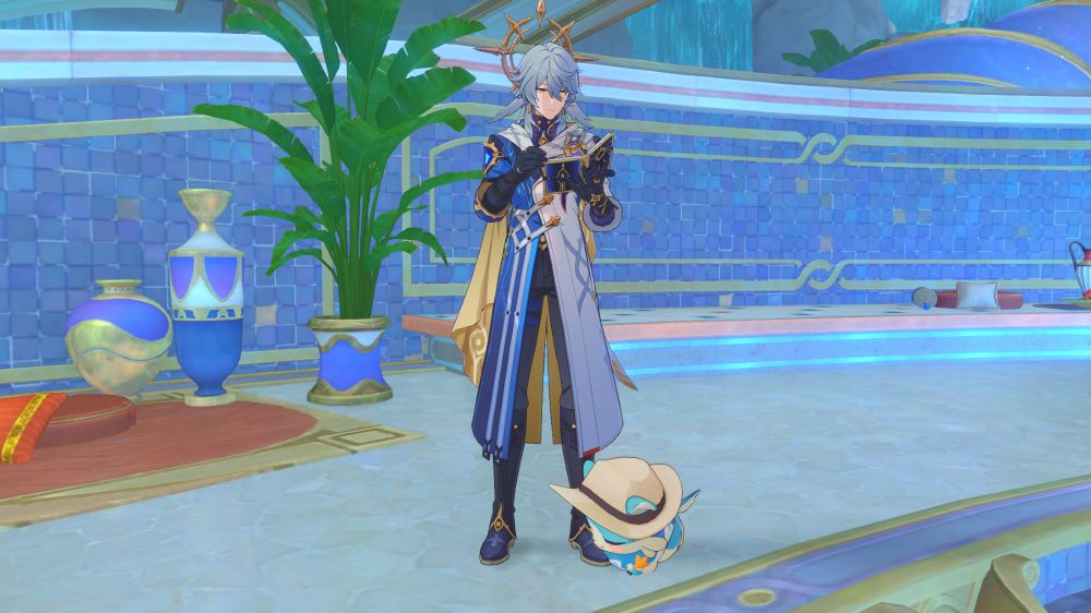 Screenshot from Honkai: Star Rail of Sunday standing in the Okhema bath house, with Bubbles asleep by his feet. Sunday is holding his book out, making it look like he told Bubbles a bedtime story and made him eepy.