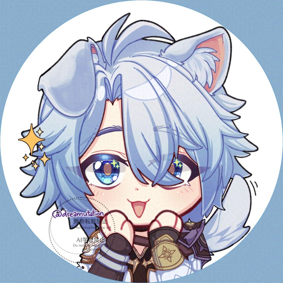 A chibi style illustration of Phainon from Honkai: Star Rail. He has both hands up to his face in a "waku waku" sort of pose, and is looking very excited like the doggo he is. He also has white puppy ears and tail, matching the shade of his hair.