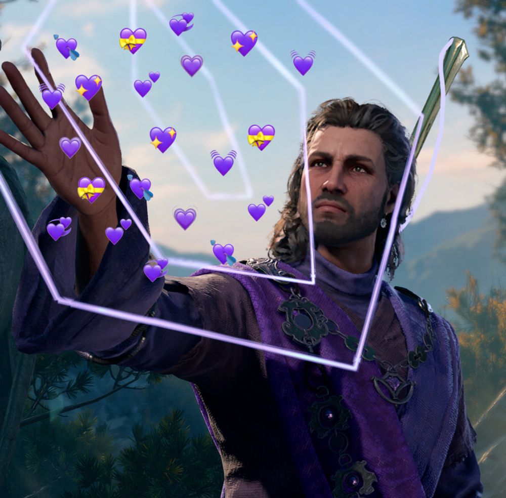 Gale Dekarios from Baldur’s Gate 3 in the character creation menu casting a spell with his hand. Purple Hearts have been photoshopped in to go along with his magic. He wears layered purple robes with a dark chain around his neck and down his chest. 