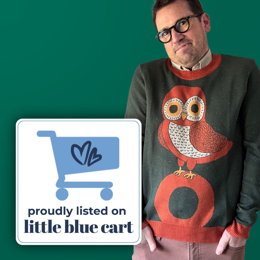 A photo of Jedd wearing a green sweater with an owl design, and the logo for Little Blue Cart