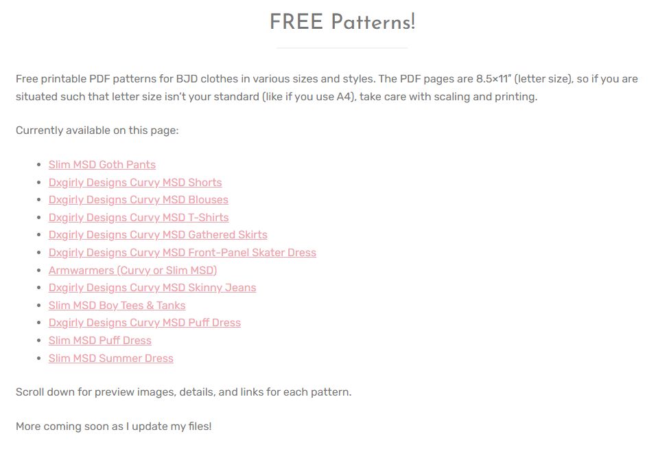 A screenshot of a website page listing free patterns available for various BJD sizes