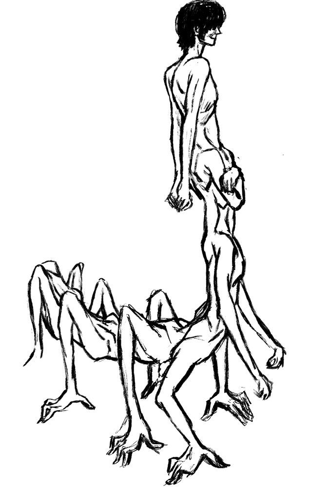 A centipede style humanoid creature made up of repeated upper body sections which each end just before the neck until a final torso at the very top of the reared up form has the head of an individual with short hair who is slightly smiling with their arms behind their back