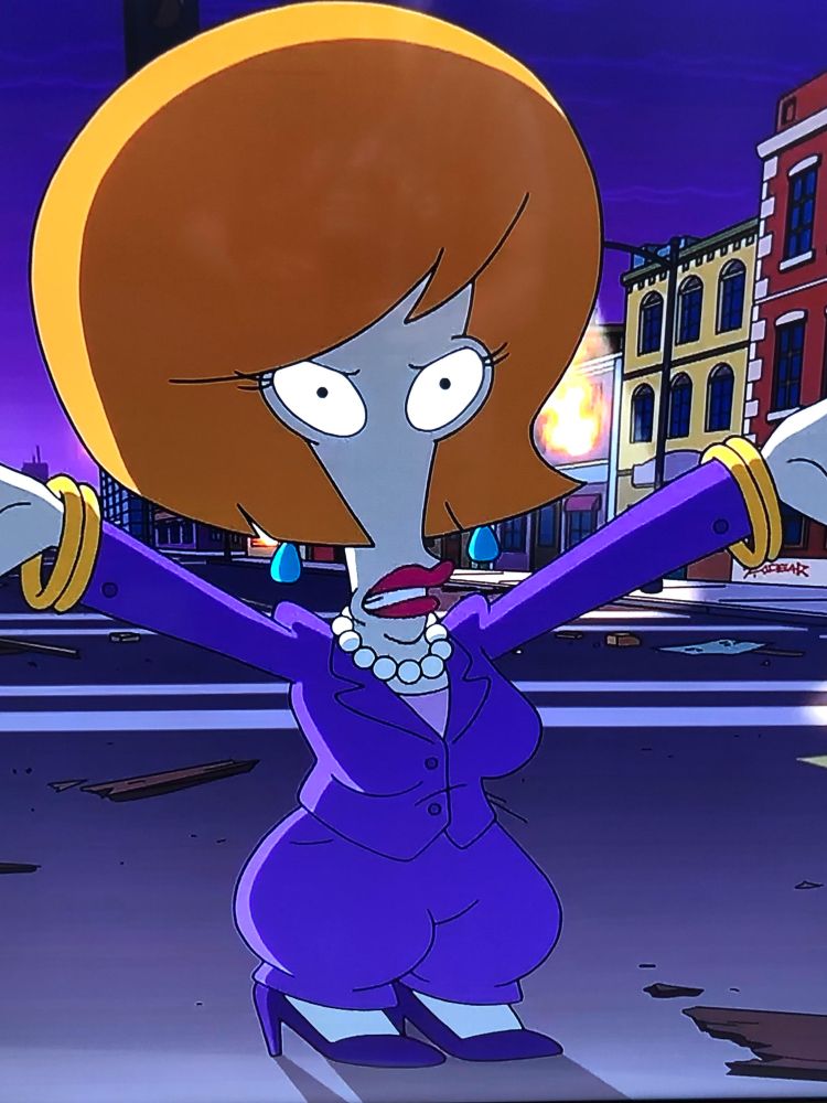 Pic from American Dad. Roger as Jeannie Gold stands in the middle of the street ready for a fight.
