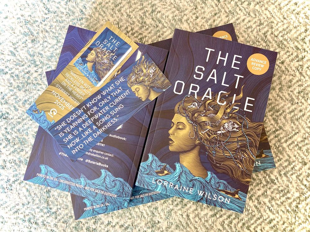 Said books out of the box, on a light blue blanket, with two bonus promo bookmarks, one with the book quote 'she doesn't know what she is yearning for, only that she is a deepwater current now...like a song sung into the darkness.' The other has a blurb from the amazing Steward Hotston, that reads 'written with reckless beauty and a finger on the heart'