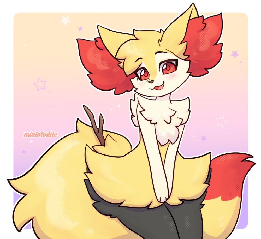 Illustration of a smiling Braixen, a fox-like Pokemon, mostly yellow and red. Very cute and most of all very fluffy!